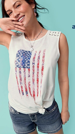 Model wearing maurices graphic tank.