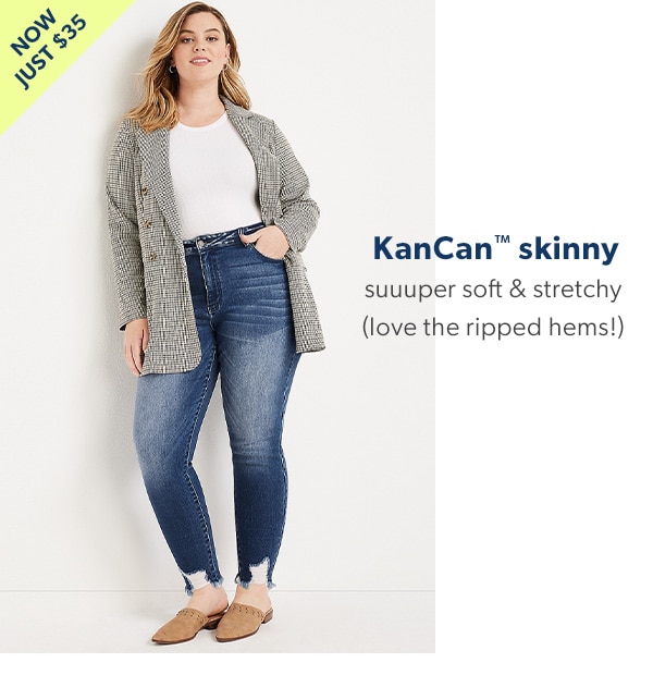 Now just $35. KanCan™ skinny. Suuuper soft & stretchy. (love the ripped hems!) Model wearing maurices clothing.