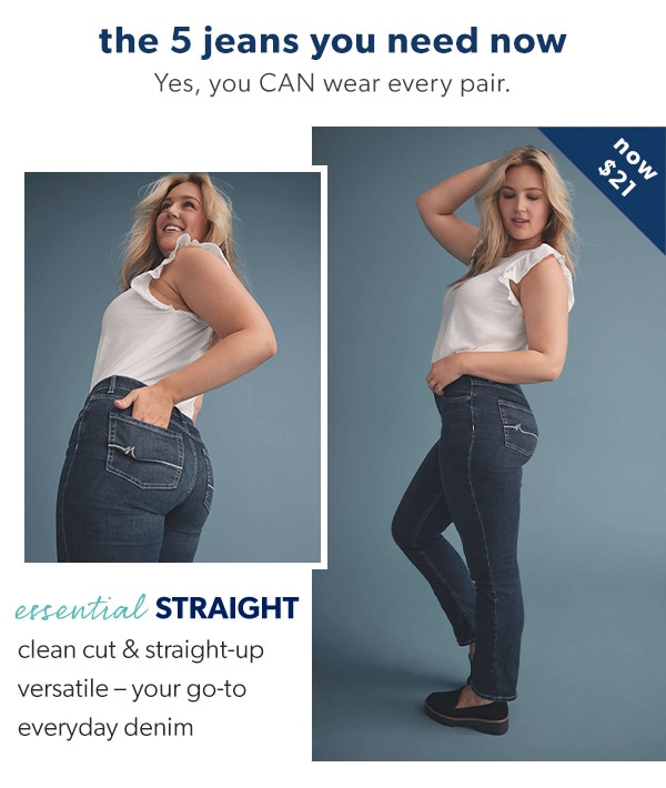 The 5 jeans you need now. Yes, you CAN wear every pair. Essential straight. Clean cut & straight-up versatile – your go-to everyday denim. Model wearing maurices clothing.