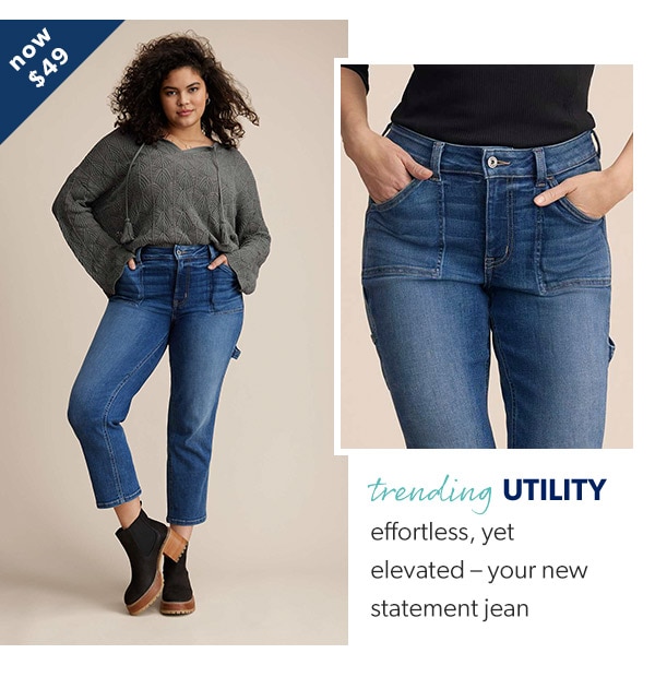 Now $49. Trending utility. Effortless, yet elevated – your new statement jean. Model wearing maurices clothing.