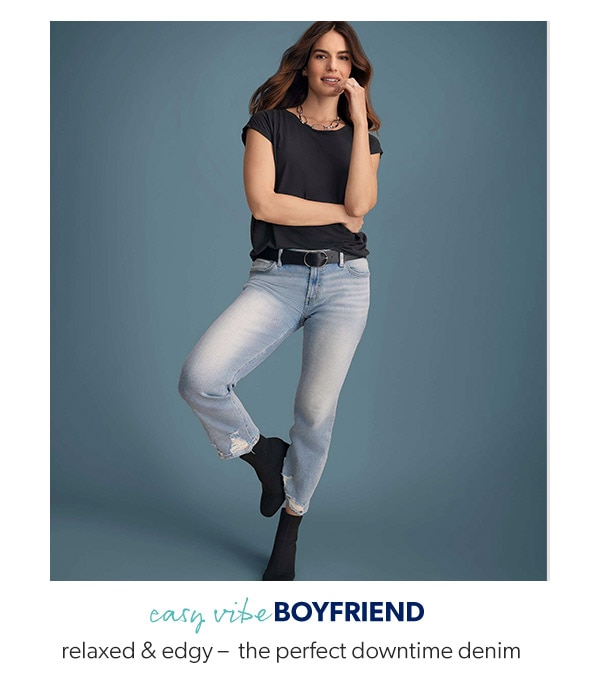 Easy vibe boyfriend. Relaxed & edgy – the perfect downtime denim. Model wearing maurices clothing.