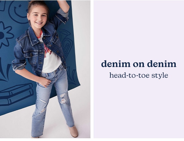 Denim on denim. Head-to-toe style. Model wearing evsie clothing.