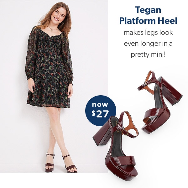 Now $27. Tegan Platform Heel. Makes legs look even longer in a pretty mini! Model wearing maurices clothing.
