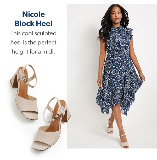 Nicole Block Heel. This cool sculpted heel is the perfect height for a midi. Model wearing maurices clothing.