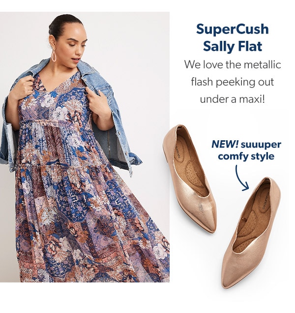 SuperCush Sally Flat. We love the metallic flash peeking out under a maxi! NEW! Suuuper comfy style. Model wearing maurices clothing.