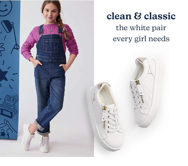 Clean & classic. The white pair every girl needs. Model wearing evsie clothing.