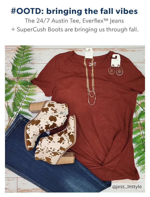#OOTD: bringing the fall vibes. The 24/7 Austin Tee, Everflex™ Jeans + SuperCush Boots are bringing us through fall. maurices clothing. @jess_instyle.