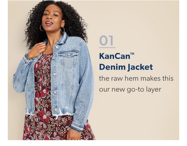 01. KanCan™ Denim Jacket. The raw hem makes this our new go-to layer. Model wearing maurices clothing.