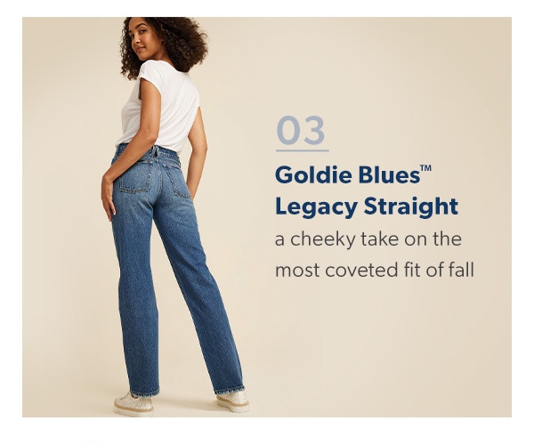 03. Goldie Blues™ Legacy Straight. A cheeky take on the most coveted fit of fall. Model wearing maurices clothing.