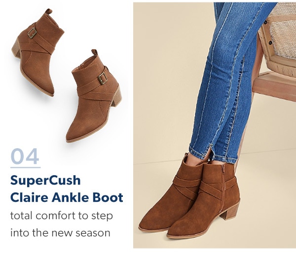 04. SuperCush Claire Ankle Boot. Total comfort to step into the new season. Model wearing maurices clothing.