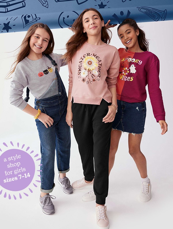 A style shop for girls sizes 7–14. Models wearing evsie clothing.