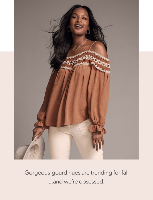 Gorgeous-gourd hues are trending for fall...and we’re obsessed. Model wearing maurices clothig.