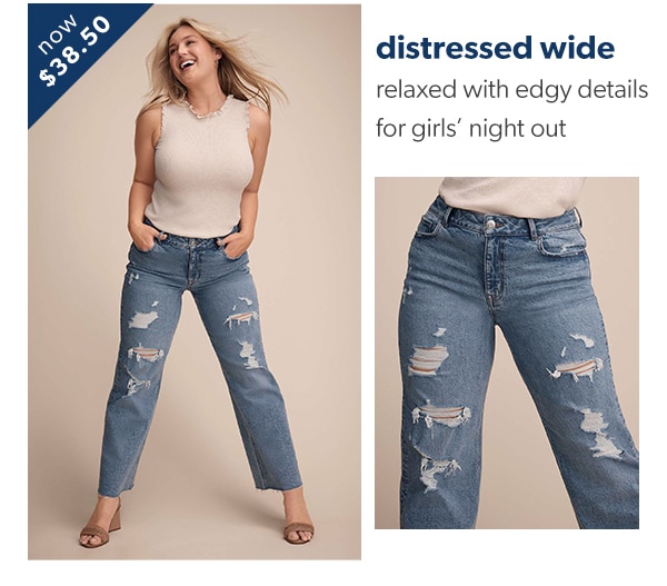 Now $38.50. Distressed wide. Relaxed with edgy details for girls' night out.