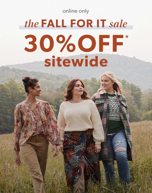 Online only. The fall for it sale. 30% off* sitewide. Models wearing maurices clothing.