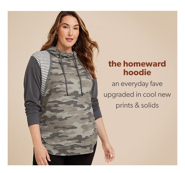 The homeward hoodie. An everyday fave upgraded in cool new prints & solids. Model wearing maurices clothing.
