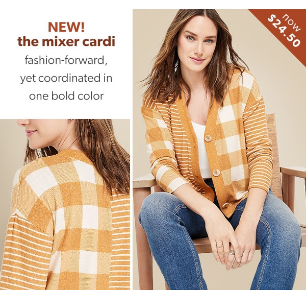 Now $24.50. New! The mixer cardi. Fashion-forward, yet coordinated in one bold color. Model wearing maurices clothing.