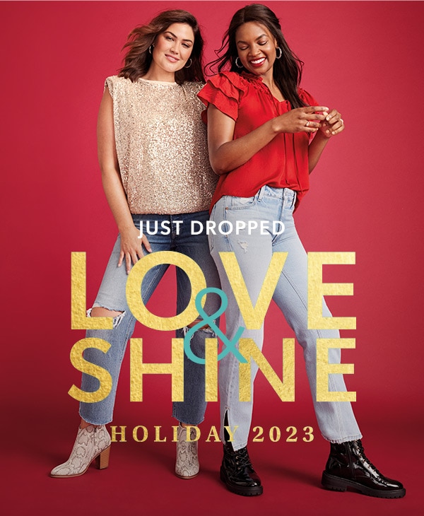 Just dropped. Love & Shine. Holiday 2023. Models wearing maurices clothing.