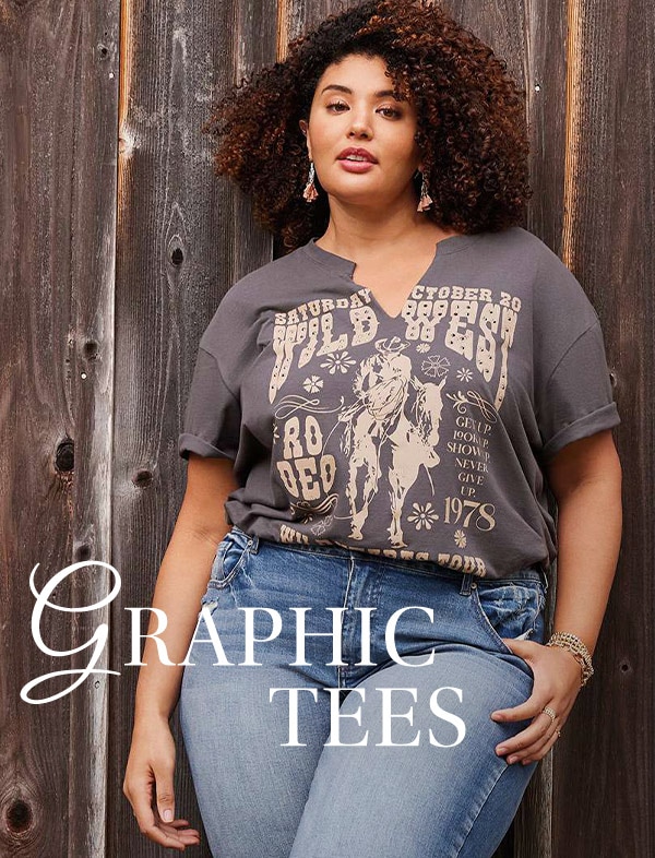 Graphic tees. Model wearing maurices clothing.