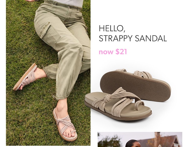 Now $21. Hello, strappy sandal. Model wearing maurices clothing.