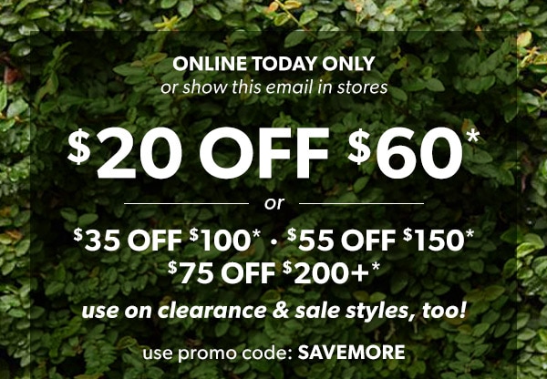 Online today only or show this email in stores. $20 off $60* or $35 off $100*. $55 off $150*. 75$ off $200+*. Use on clearance & sale styles, too! Use promo code: savemore.