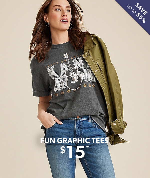 Save up to 55%. Fun graphic tees $15*. Model wearing maurices clothing.