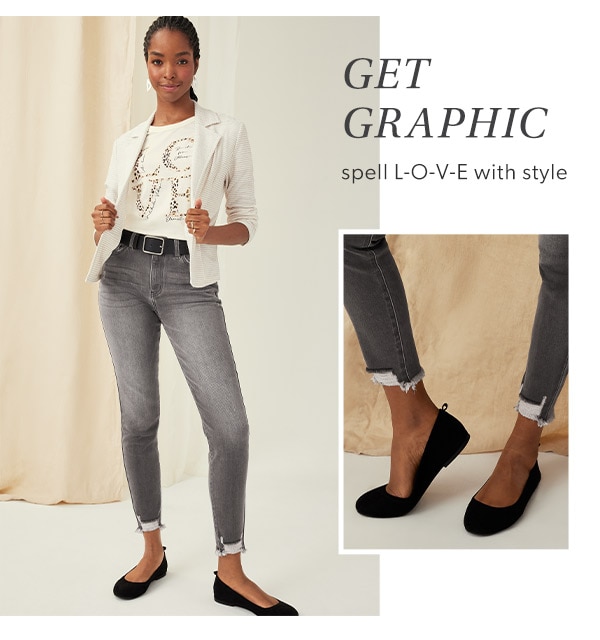 Get graphic. Spell L-O-V-E with style. Model wearing maurices clothing.