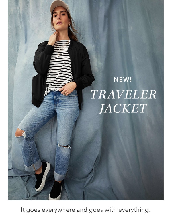New! Traveler jacket. It goes everywhere and goes with everything. Model wearing maurices clothing.