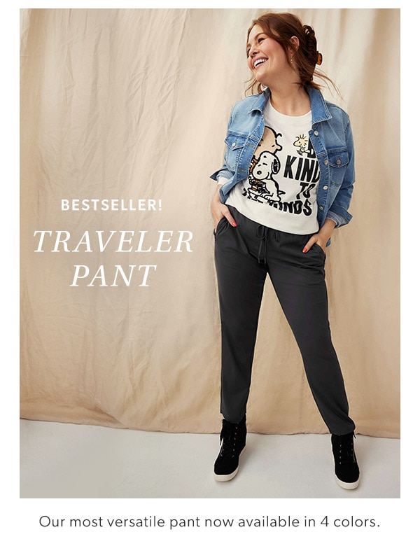 Bestseller! Traveler pant. Our most versatile pant now available in 4 colors. Model wearing maurices clothing.