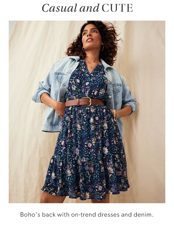 Casual and cute. Boho’s back with on-trend dresses and denim. Model wearing maurices clothing.