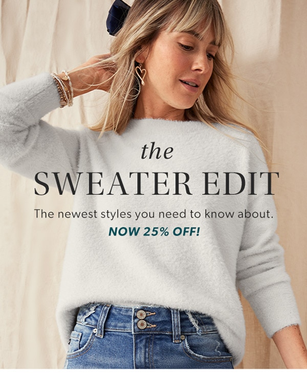The sweater edit. The newest styles you need to know about. Now 25% off! Model wearing maurices clothing.