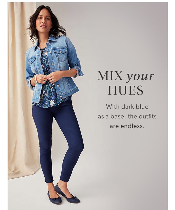 Mix your hues. With dark blue as a base, the outfits are endless. Model wearing maurices clothing.