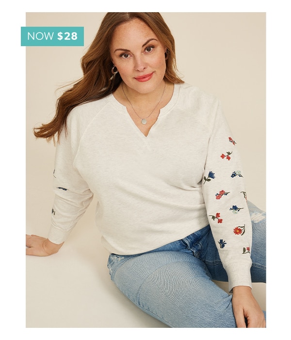 Now $28. Model wearing maurices sweatshirt.
