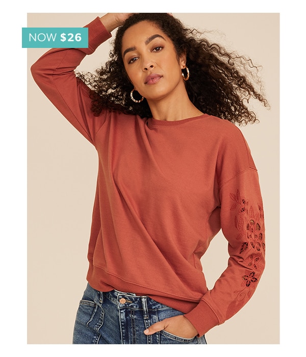 Now $26. Model wearing maurices sweatshirt.