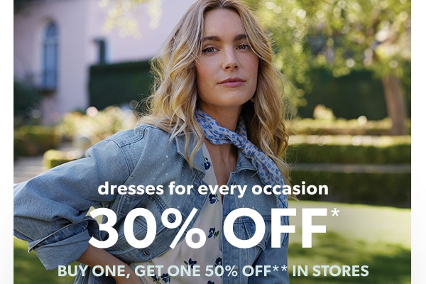Dresses for every occasion. 30% off*. Buy one, get one 50% off** in stores. Model wearing maurices clothing.