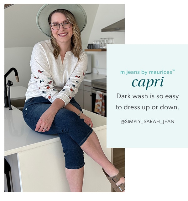 m jeans by maurices™ capri. Dark wash is so easy to dress up or down. @simply_sarah_jean Model wearing maurices clothing.