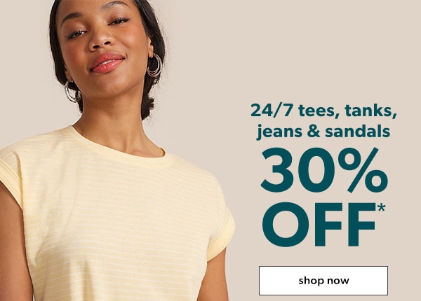 24/7 tees, tanks, jeans & sandals 30% off*. Shop now. Model wearing maurices clothing.