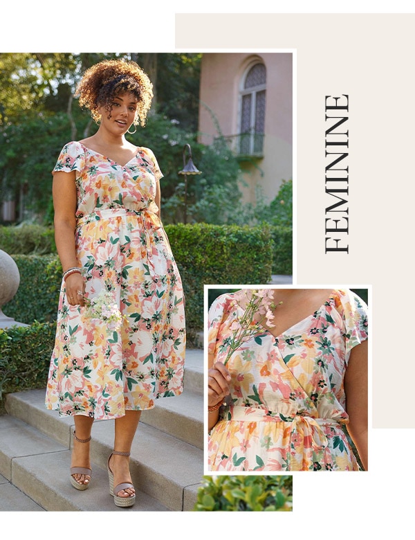Feminine. Model wearing maurices clothing.