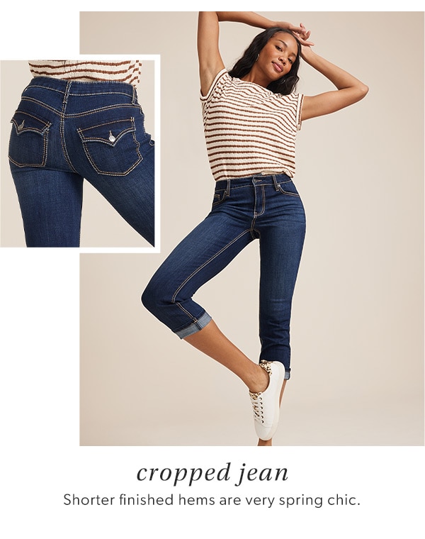 Cropped jean. Shorter finished hems are very spring chic. Model wearing maurices clothing.
