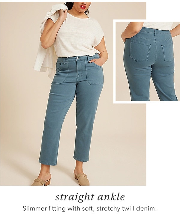 Straight ankle. Slimmer fitting with soft, stretchy twill denim. Model wearing maurices clothing.