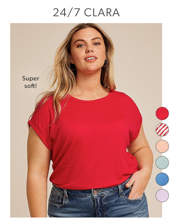 24/7 Clara. Super soft! Model wearing maurices clothing.
