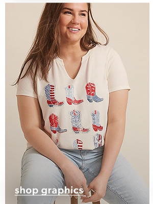 Shop graphics. Model wearing maurices clothing.