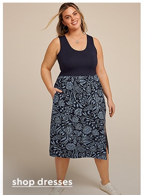 Shop dresses. Model wearing maurices clothing.