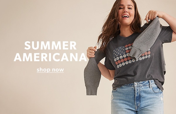 Summer Americana. Shop now. Model wearing maurices clothing.