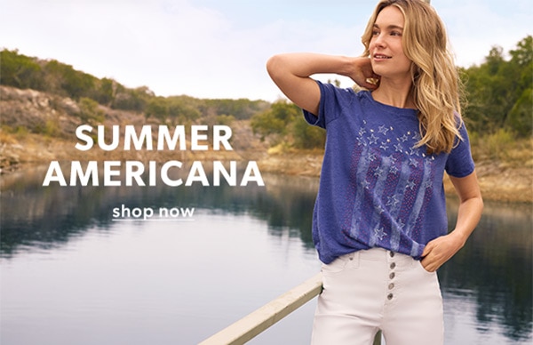 Summer Americana. Shop now. Model wearing maurices clothing.