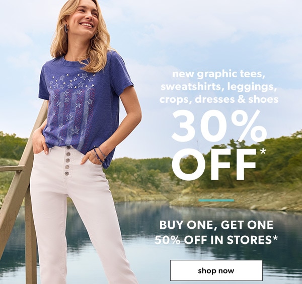New graphic tees, sweatshirts, leggings, crops, dresses & shoes 30% off*. Buy one, get one 50% off in stores*. Shop now. Model wearing maurices clothing.