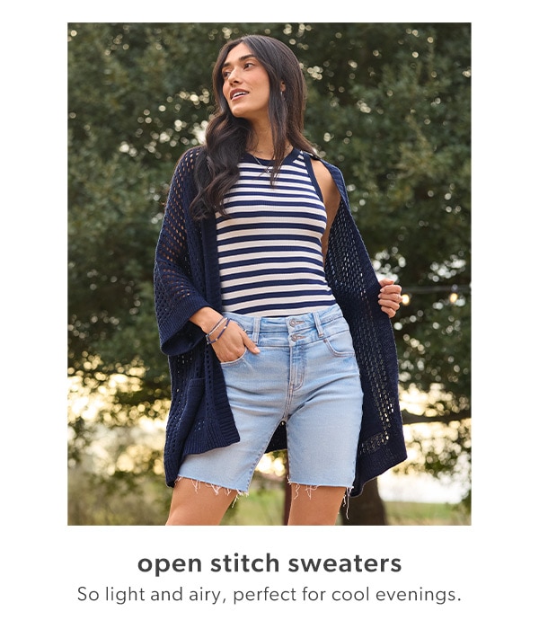 Open stitch sweaters. So light and airy, perfect for cool evenings. Model wearing maurices clothing.