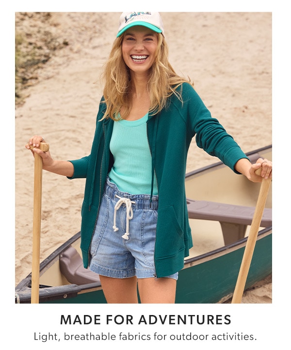 Made for adventures. Light, breathable fabrics for outdoor activities. Models wearing maurices clothing.