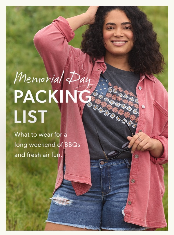 Memorial day packing list. What to wear for a long weekend of BBQs and fresh air fun. Model wearing maurices clothing.
