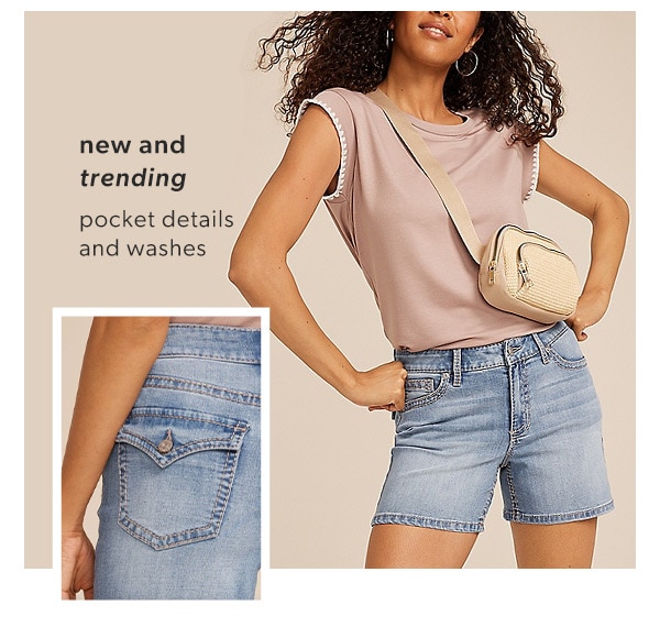 New and trending. Pocket details and washes. Model wearing maurices clothing.