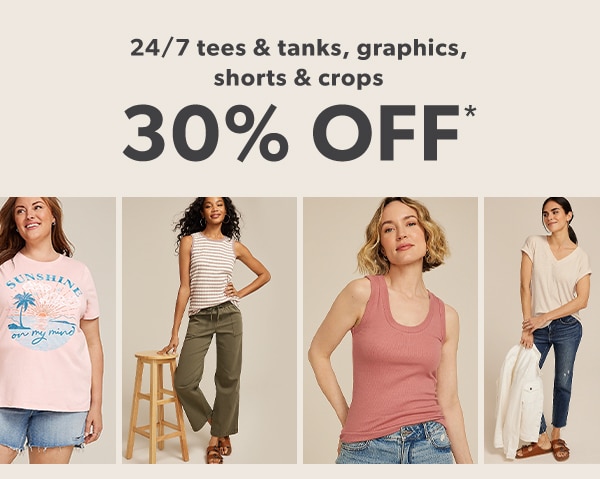 24/7 tees & tanks, graphics, shorts & crops 30% off*. Models wearing maurices clothing.